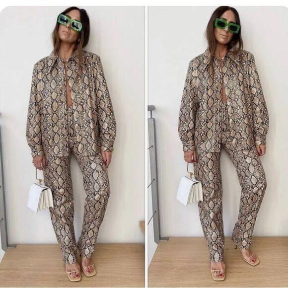 Zara Snake Print Faux Leather Pants Sand Brown High Waist Sz S - Picture 5 of 17